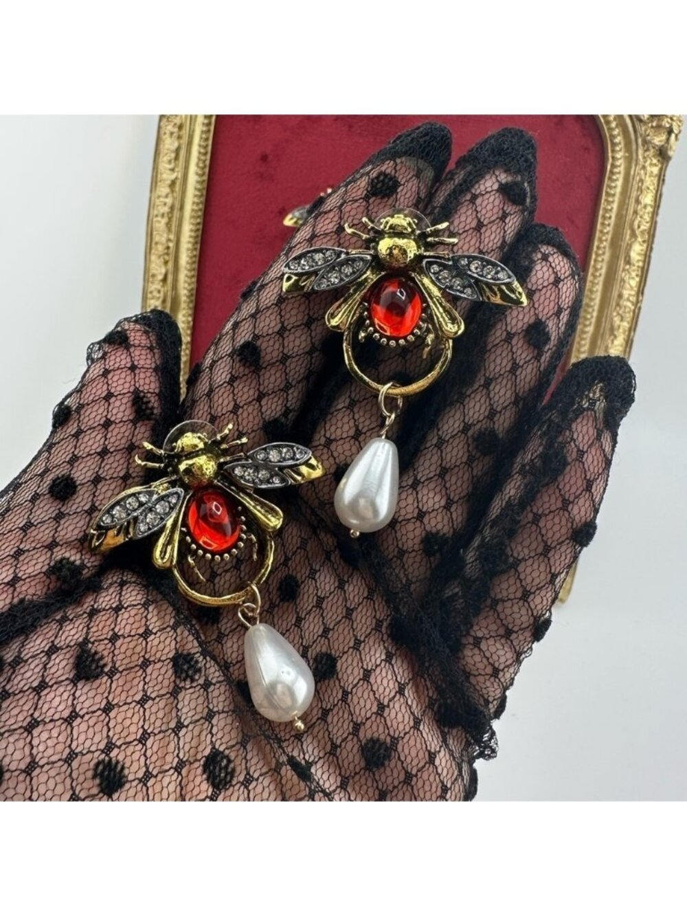 Vintage Honeybee Gold Red Pearl Drop Earrings